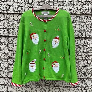 VTG Y2K Tiara International Neon Green Santa Ugly Christmas Sweater Cardigan XL